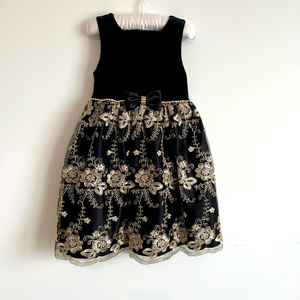 Black & Gold Velvet & Brocade Girl’s Special Occasion Dress | Size 5